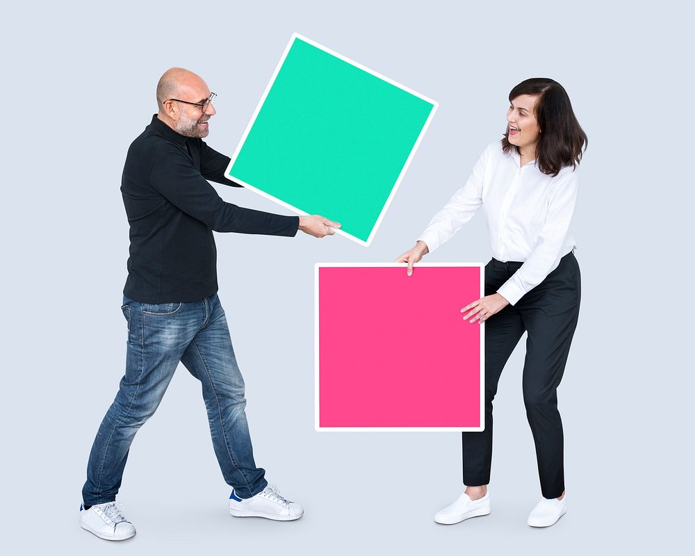 People with blank colorful boxes