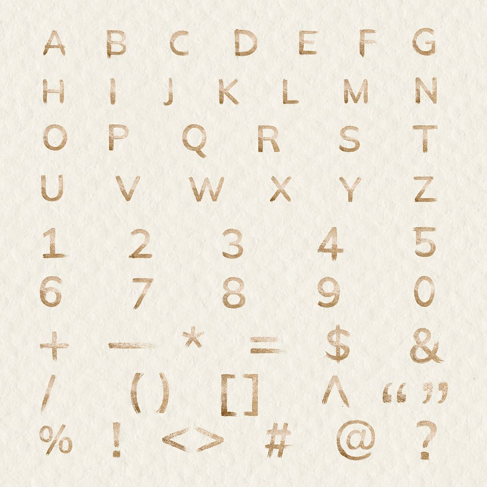 Glitter gold psd alphabet brush stroke set symbols and numbers