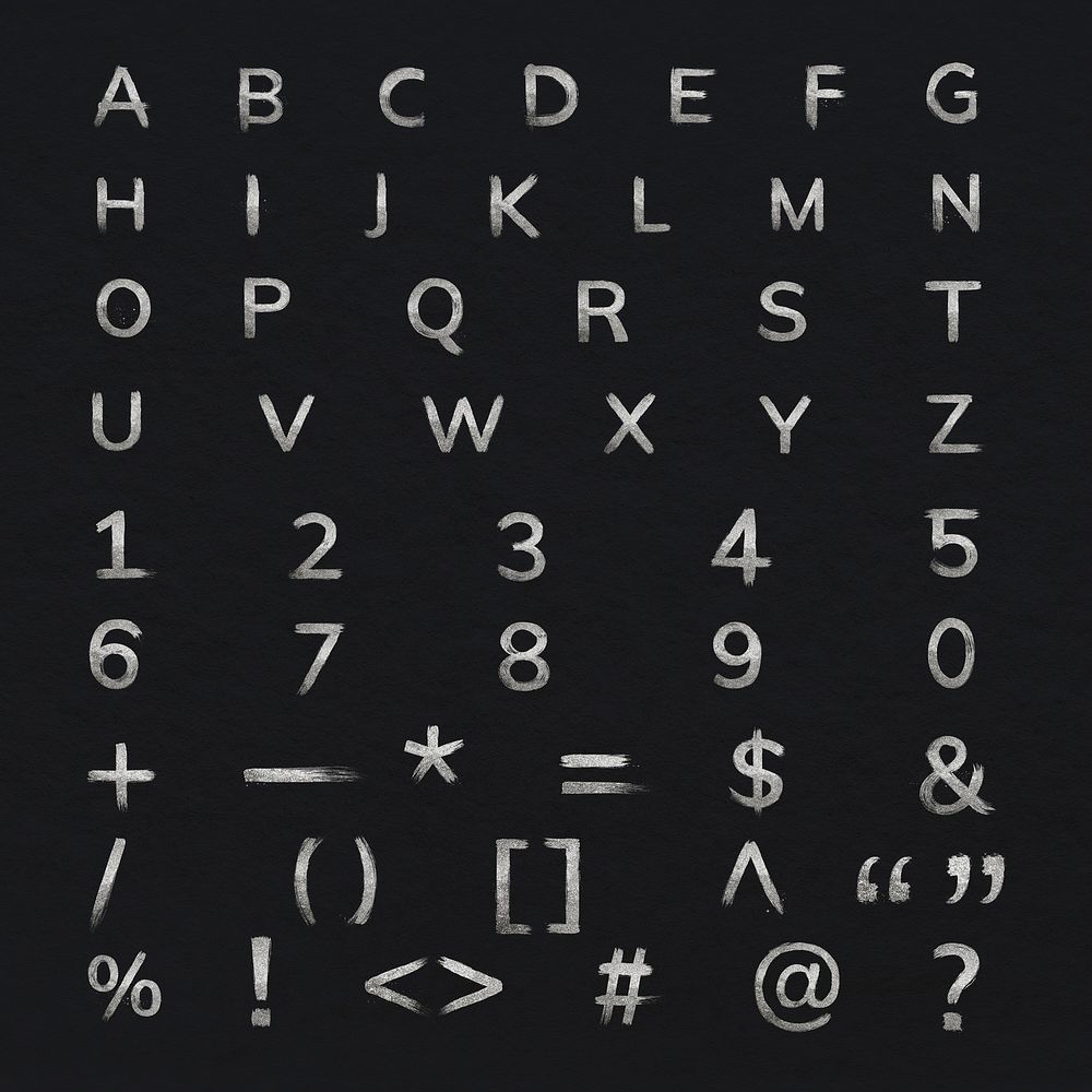 Silver glitter psd alphabet brush stroke letter number symbol font