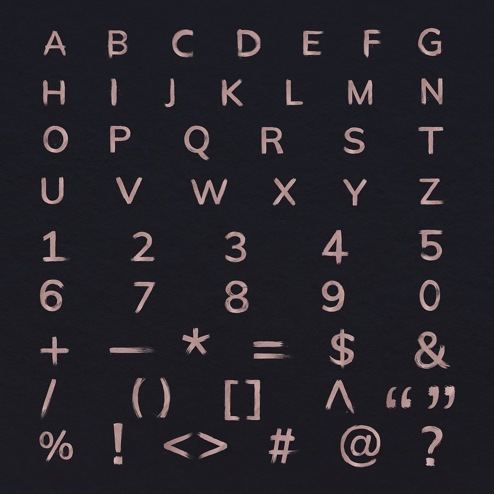 Brushed rose gold alphabet letter number symbol set typeface