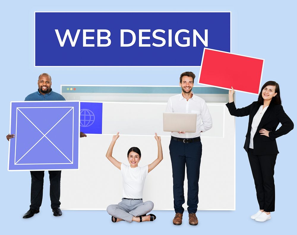 Happy diverse people holding a web design