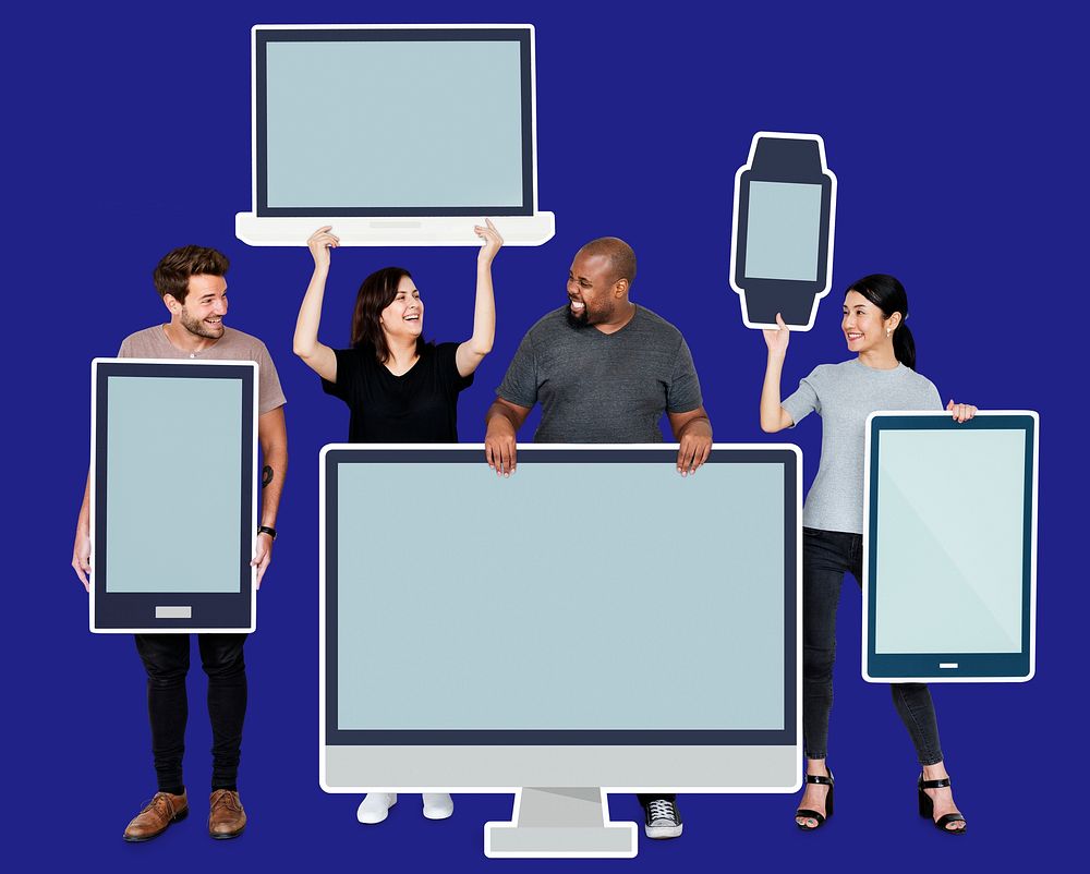 Diverse people with various digital device mockups
