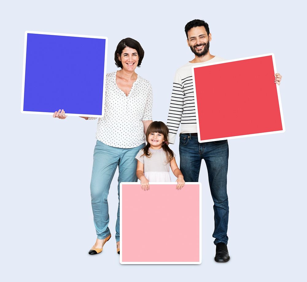 Happy family with colorful square boards