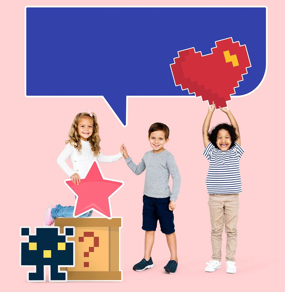 Happy diverse kids with pixilated gaming icons