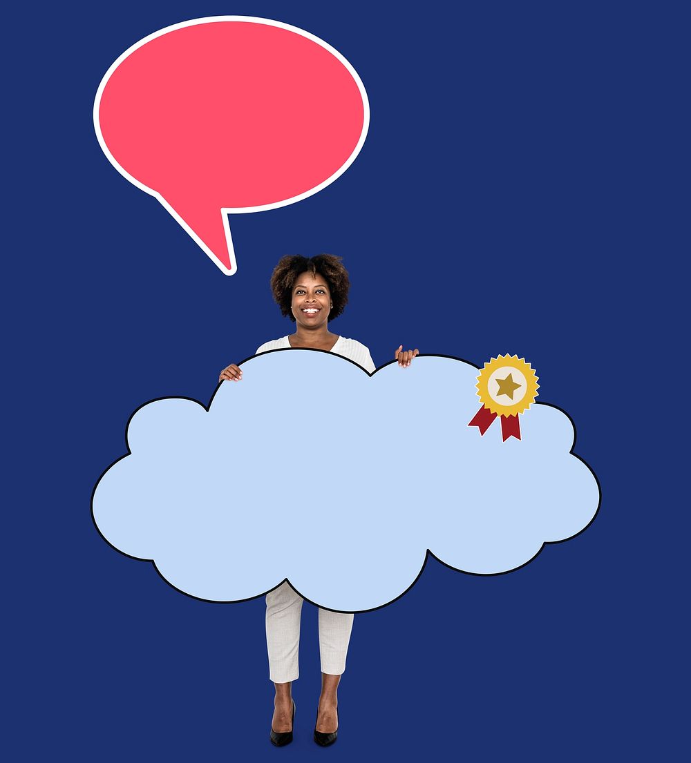 Woman holding a cloud shaped board with a ribbon