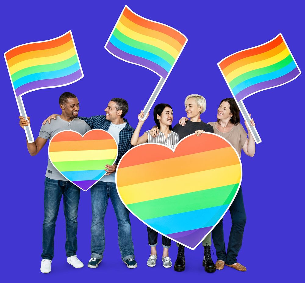 People holding lgbt flags and hearts