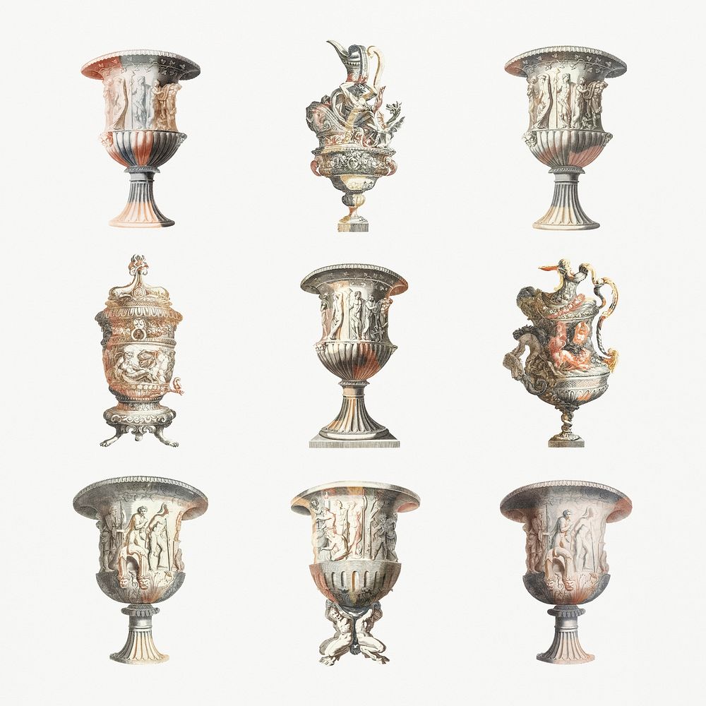 Ancient ornamental vase psd vintage illustration set