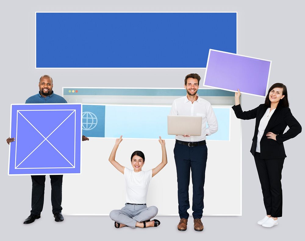 Happy diverse people holding a web design