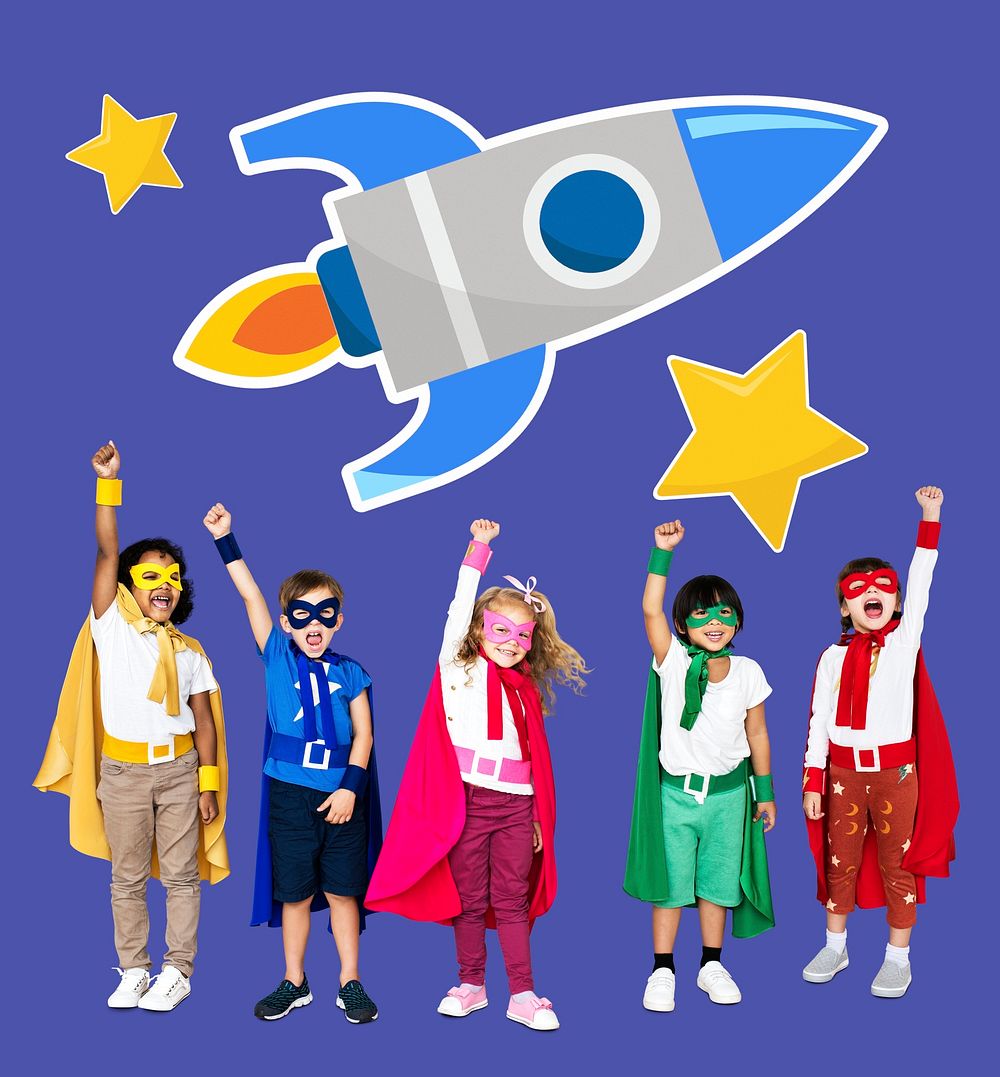 Young superheroes with a rocket icon