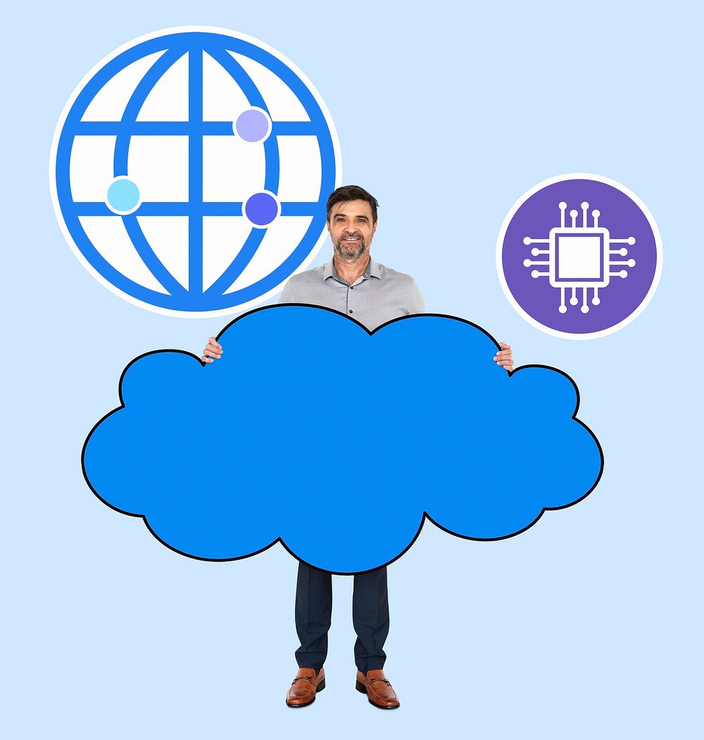Cheerful man showing a cloud network system