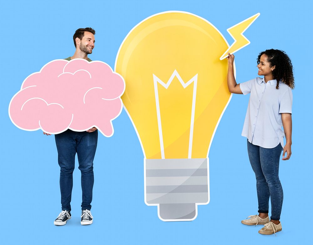People carrying a light bulb and a brain icons