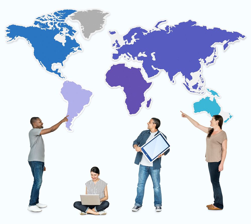 Diverse people pointing at the world map
