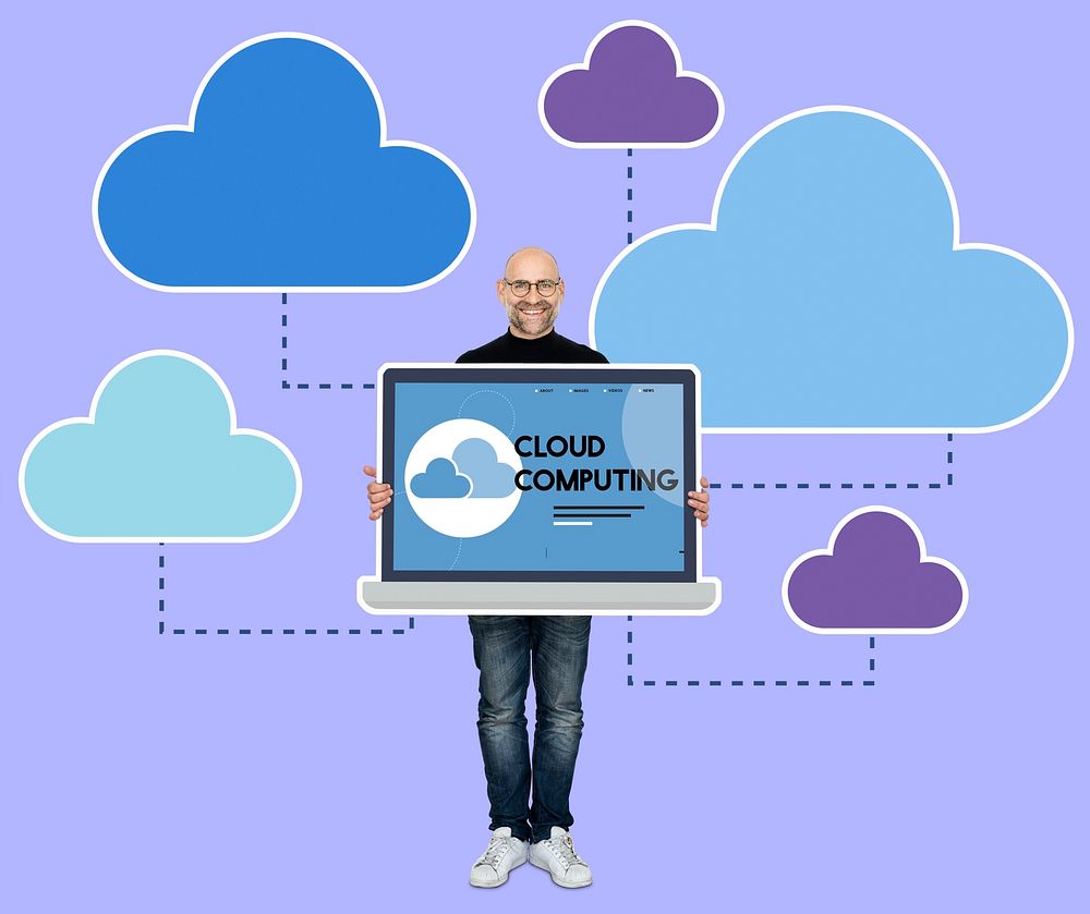 Cheerful man presenting cloud computing system on a laptop