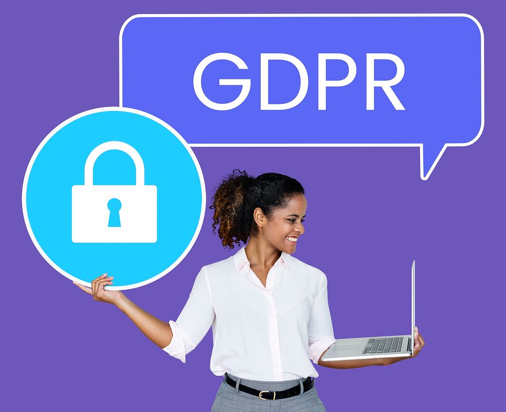 Cheerful woman showing a GDPR security padlock icon