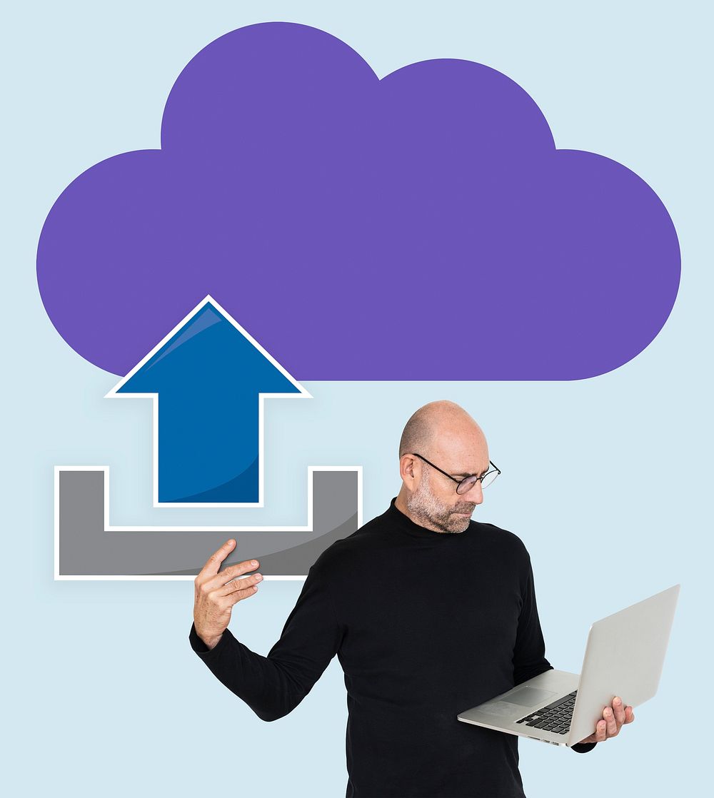 Man uploading data to online cloud storage