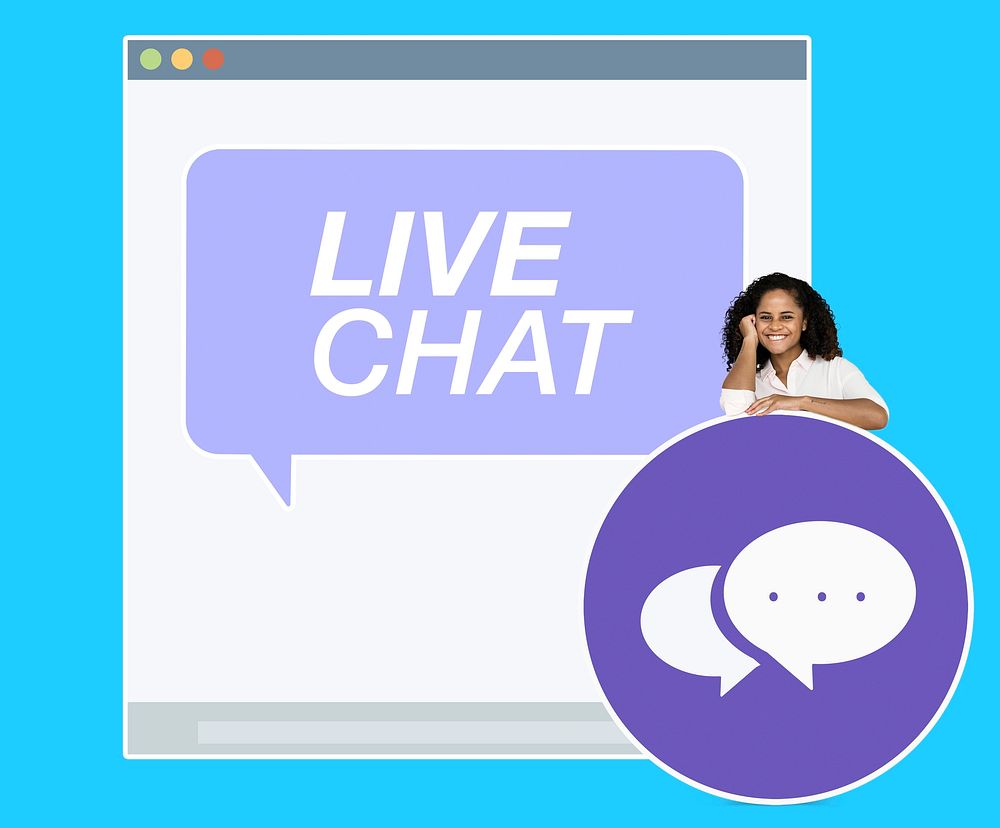 Cheerful woman with a live chat website