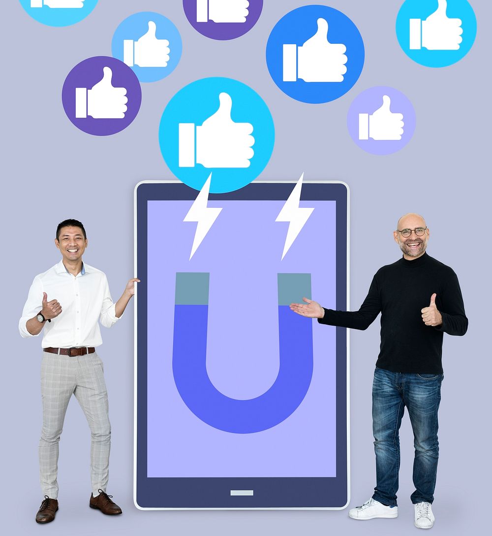Cheerful men with attracting social media like thumbs up icons