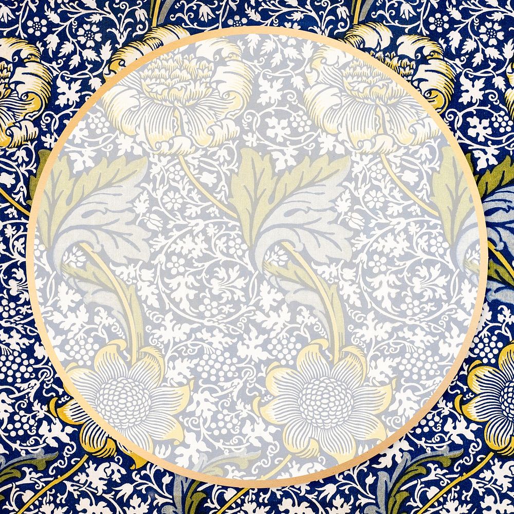 Round gold frame on William Morris inspired patterned background