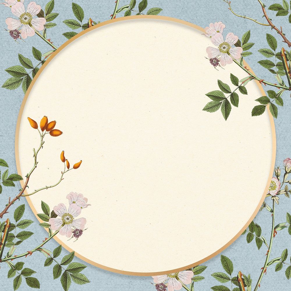 Gold blossom floral round frame copy space