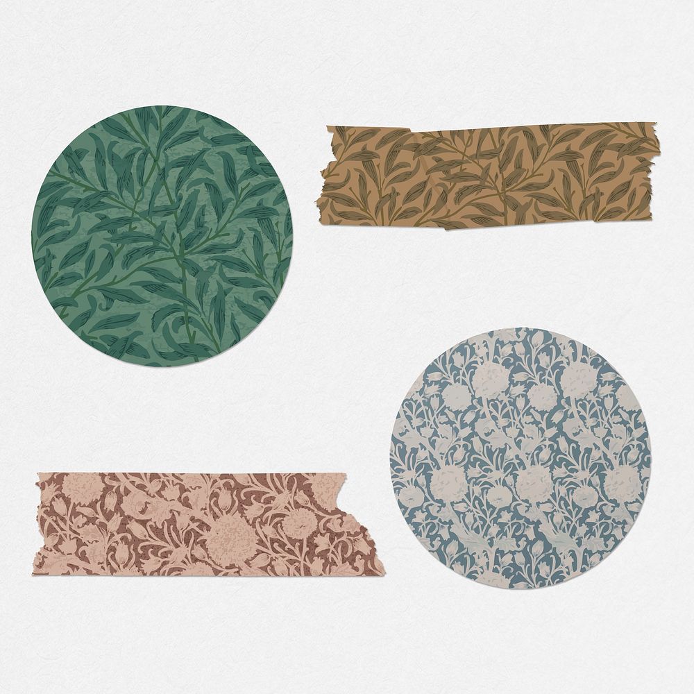 Floral washi tape psd and round sticker set remix from artwork by William Morris