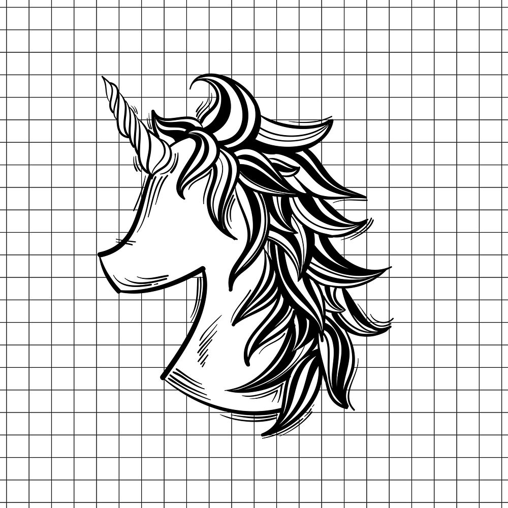 Pastel unicorn doodle clipart black and white