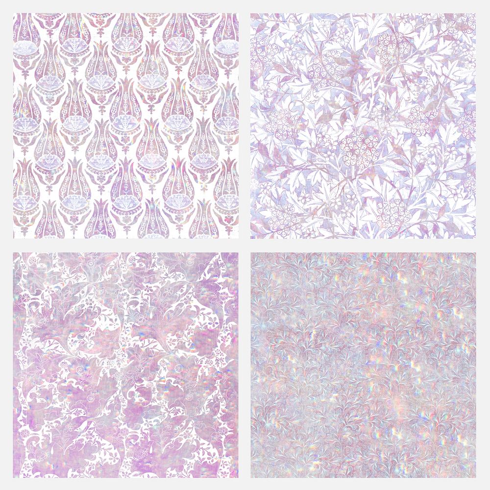 Pink holographic nature pattern psd set remix from artwork William Morris
