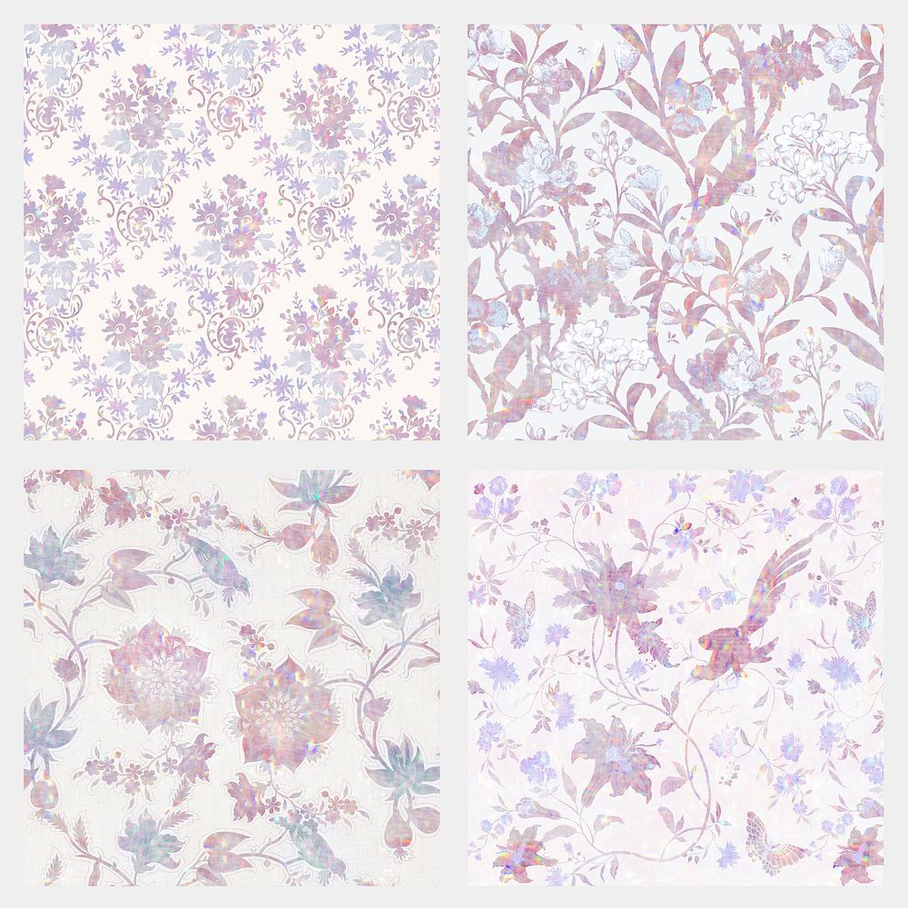 Pink holographic psd flower background set remix from artwork William Morris