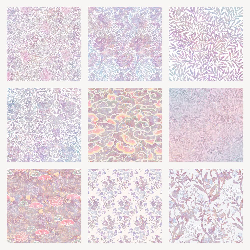 Pink holographic flower psd set remix from artwork William Morris