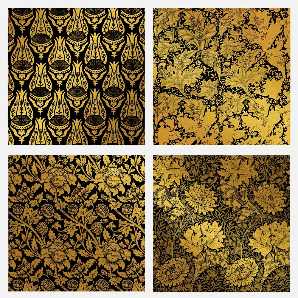 Vintage golden floral pattern vector set remix from artwork by William Morris