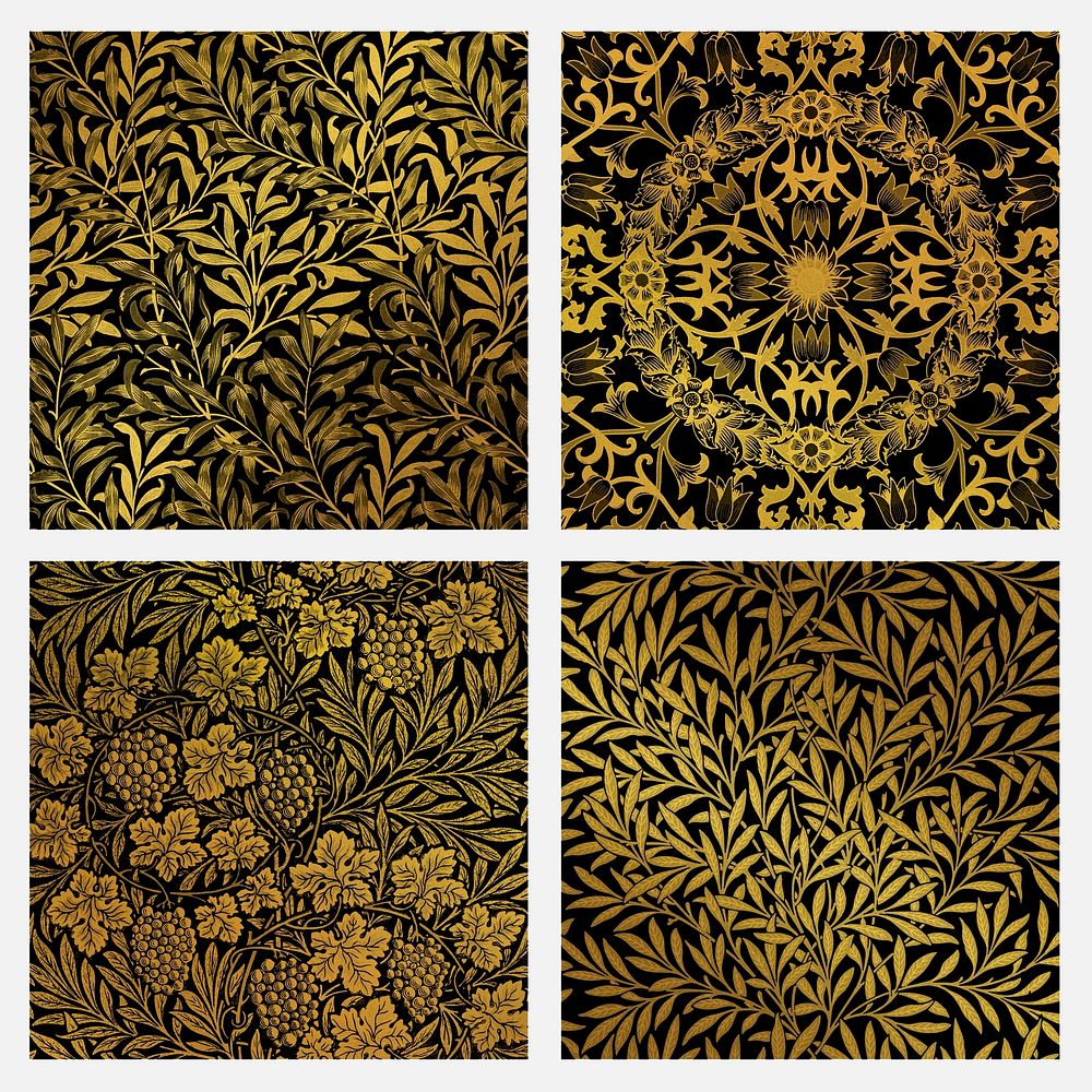 Golden botanical pattern psd set remix from artwork by William Morris