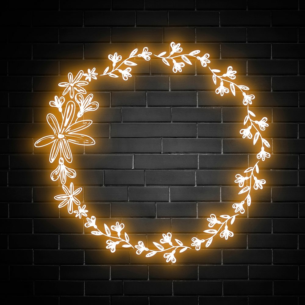 Glowing neon frame floral vector round shape