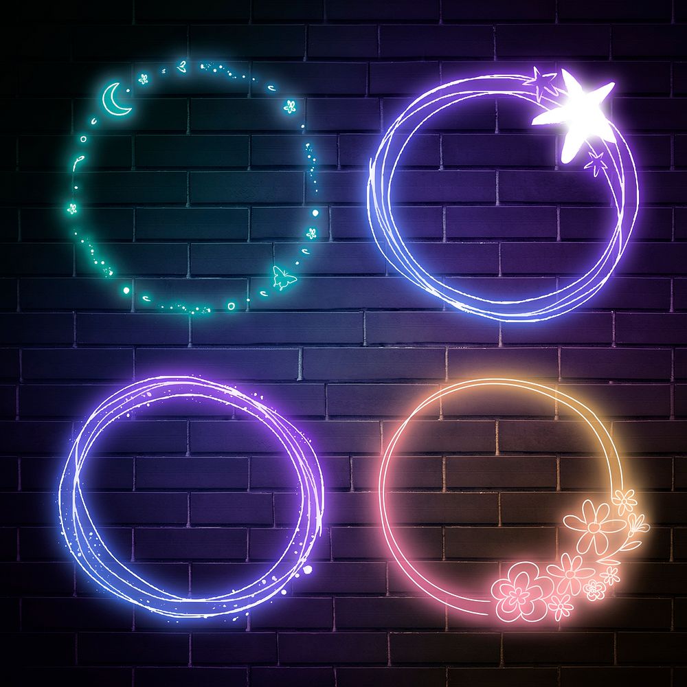 Neon effect frame glowing floral planet set