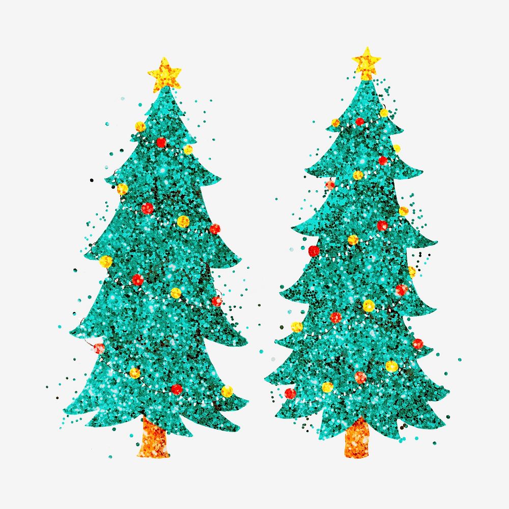 Glitter green Christmas tree psd hand drawn set