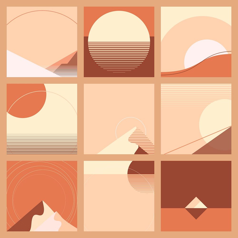 Minimal retrofuturism orange and red sunset scenery background vector geometric style set