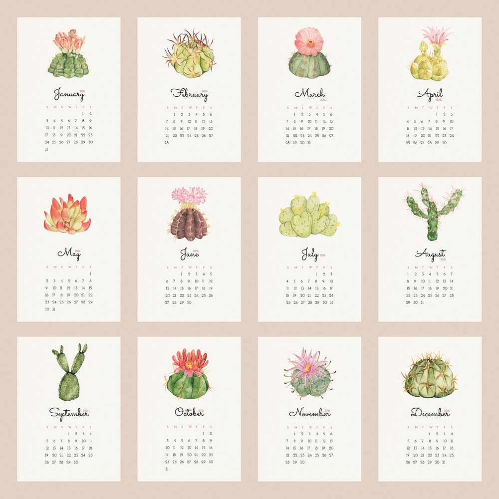 Calendar 2021 printable template psd with cute hand-drawn cactus set