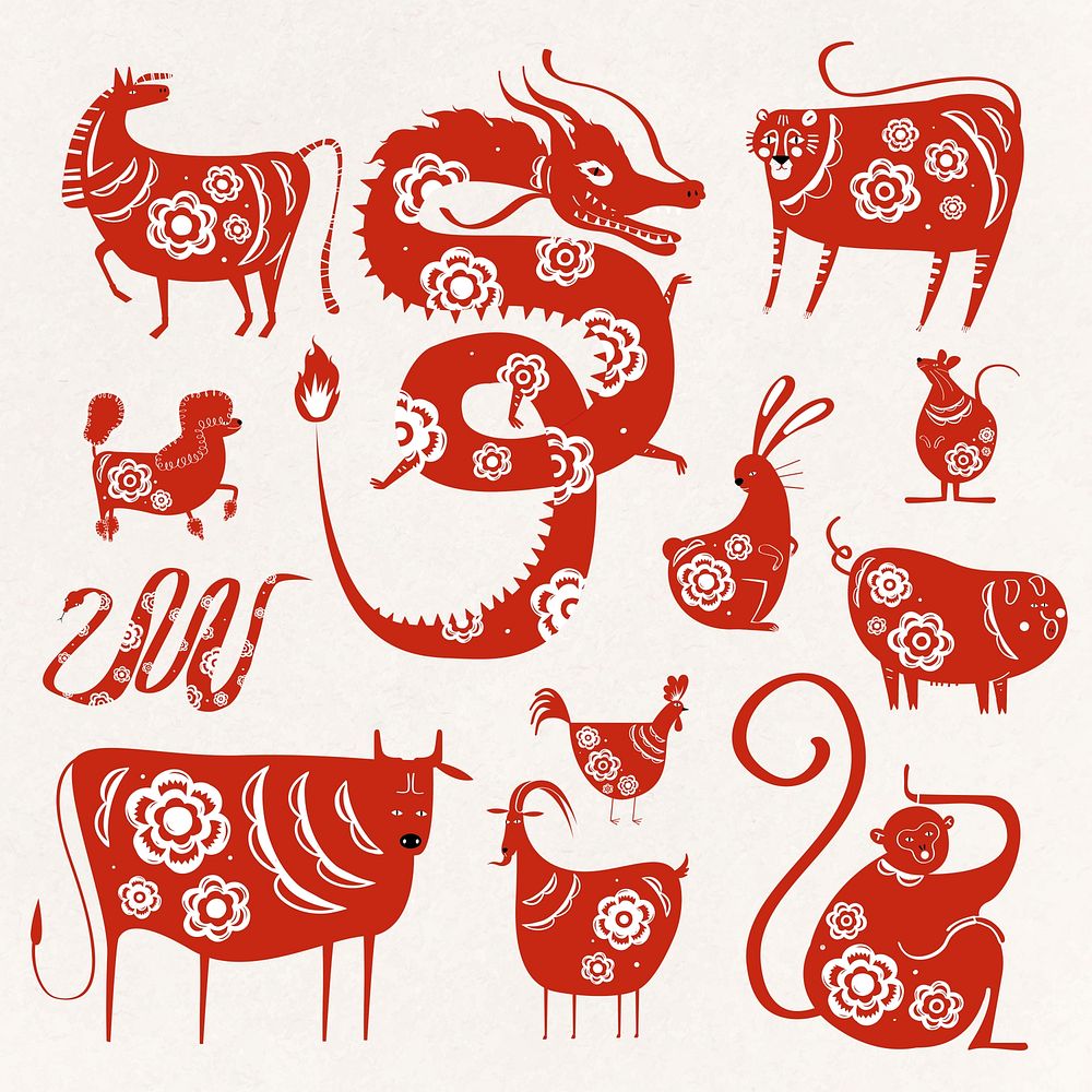 Red animal silhouettes psd Chinese new year zodiac symbol collection