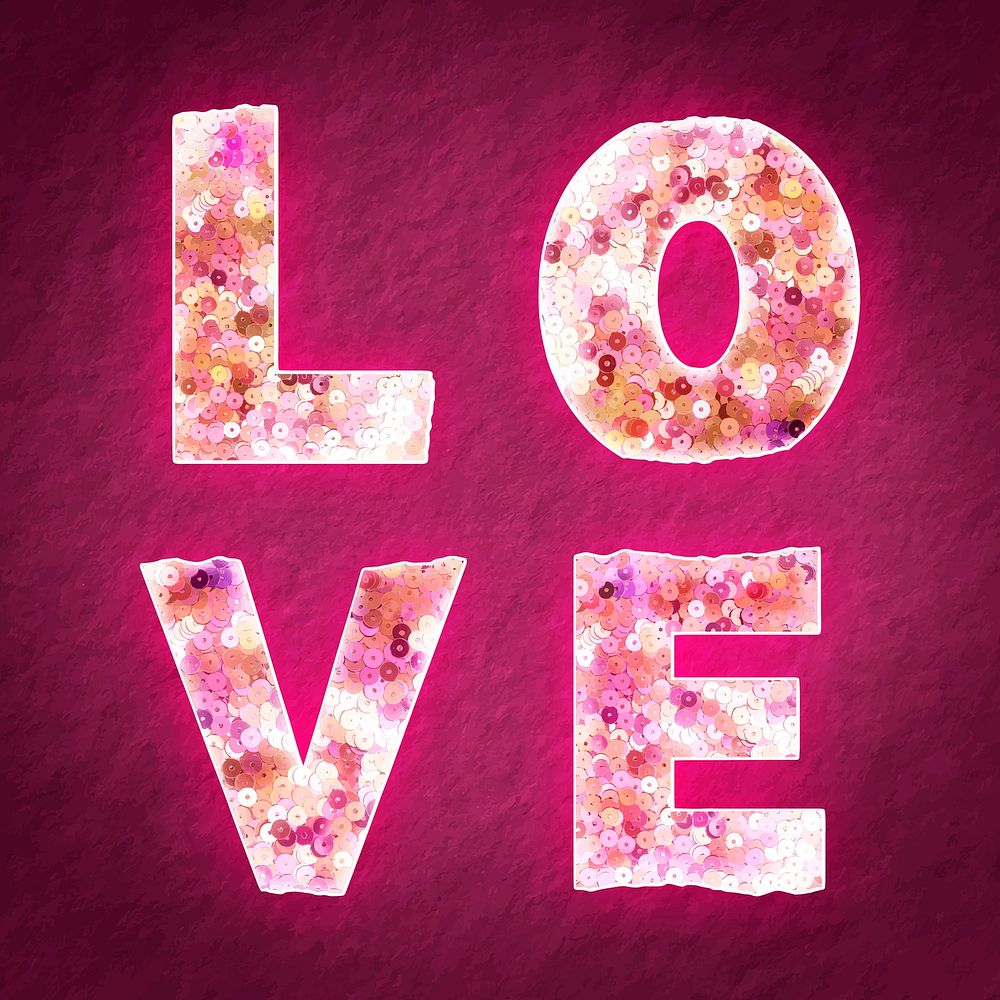 Glittery love word vector sticker with sequin texture