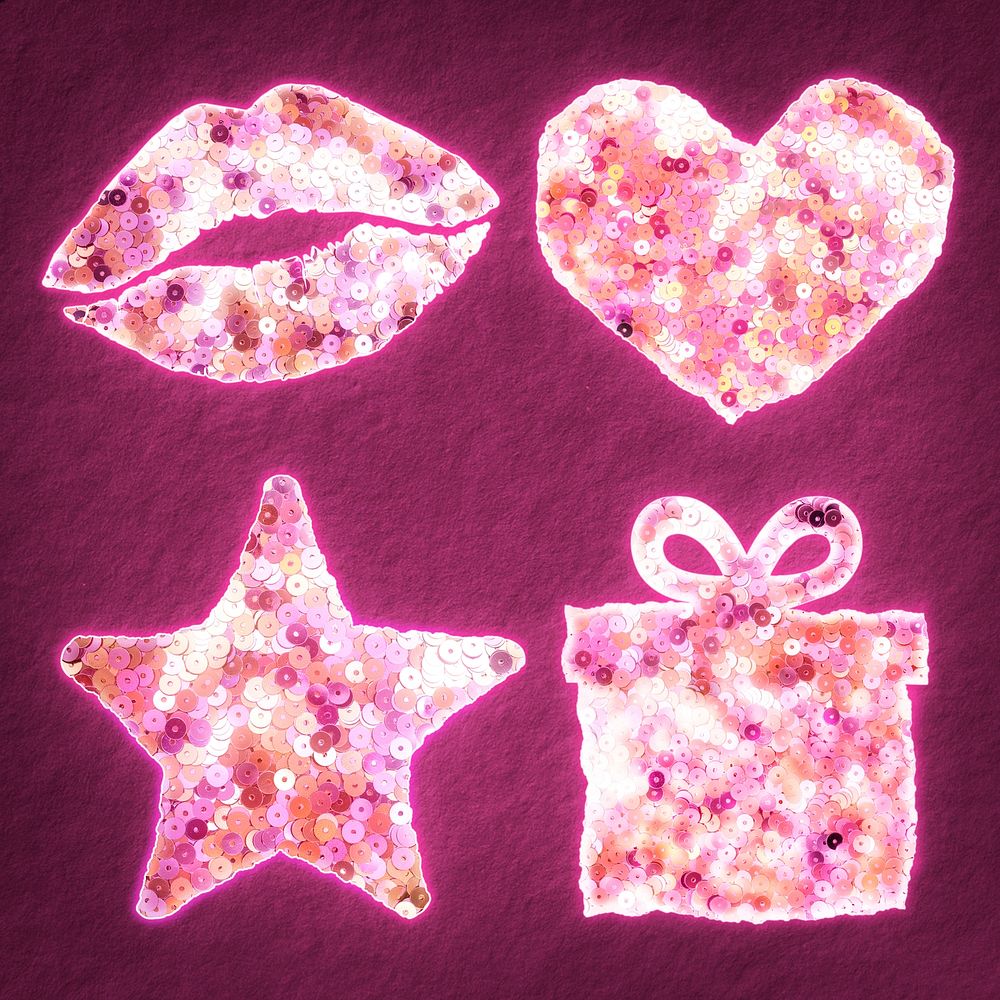 Pink sequin valentine&rsquo;s party icon set
