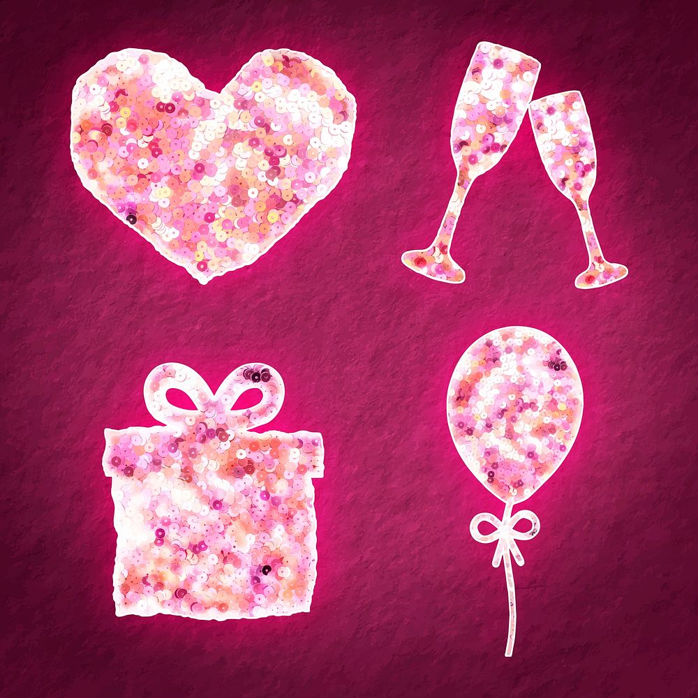 Pink sequin valentine&rsquo;s sticker vector set
