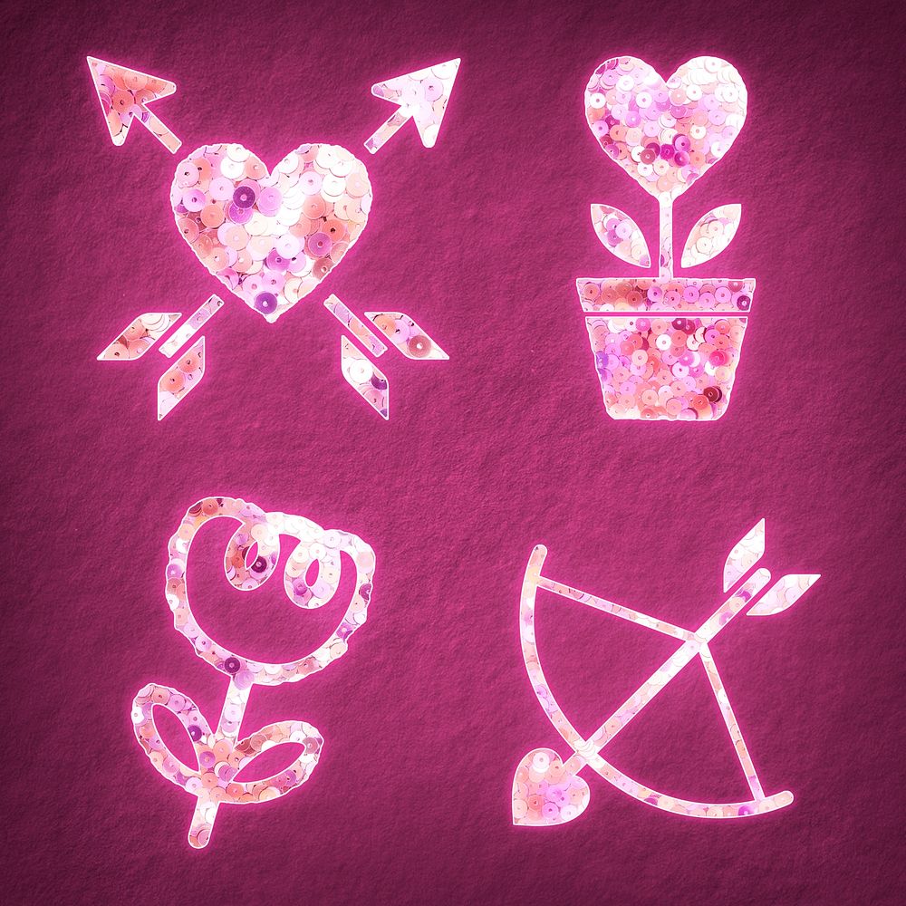 Glittery pink sequin valentine&rsquo;s icon set