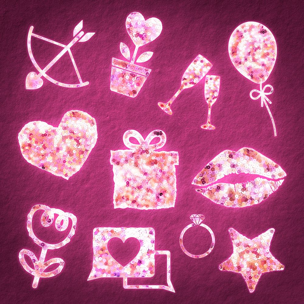 Glittery pink sequin valentine&rsquo;s sticker psd set
