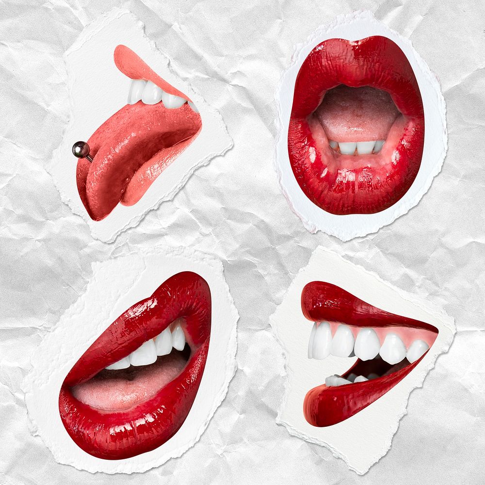 Red lips playful expression psd stickers set for Valentine's day