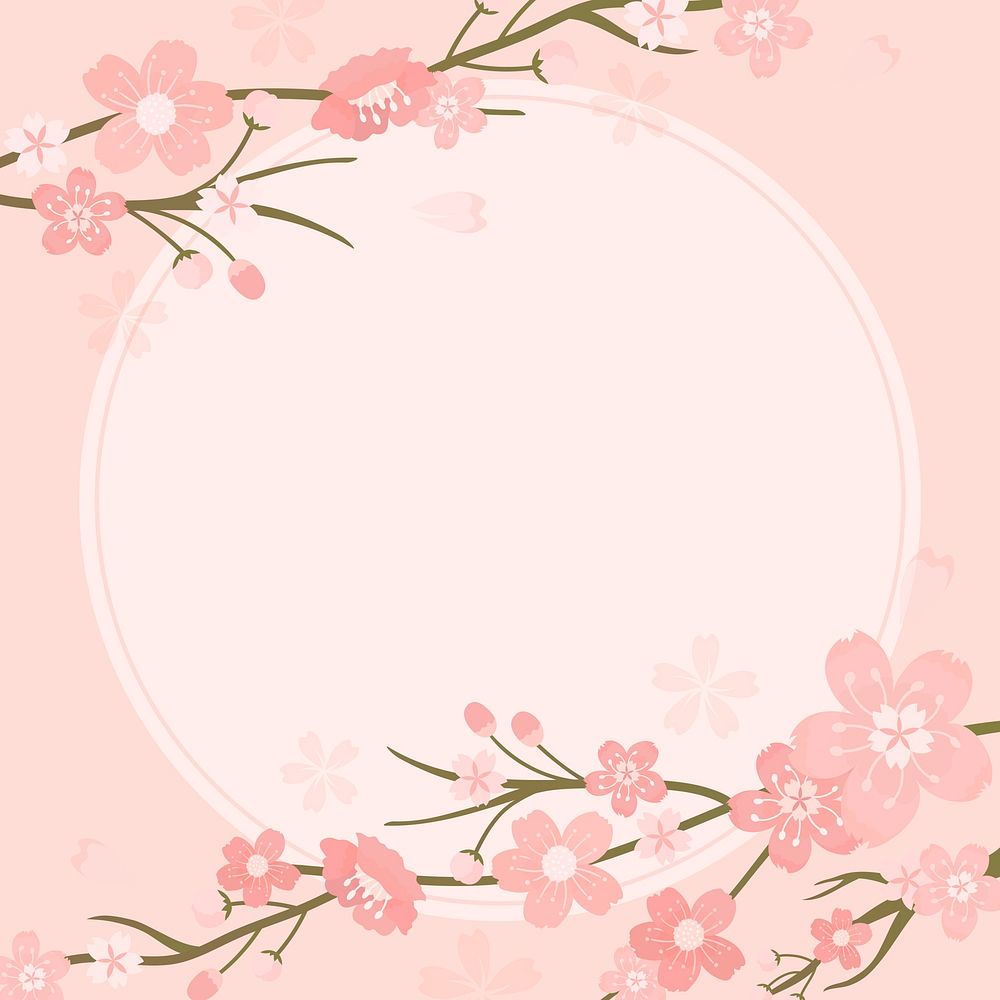 Pink Japanese cherry blossom vector round frame