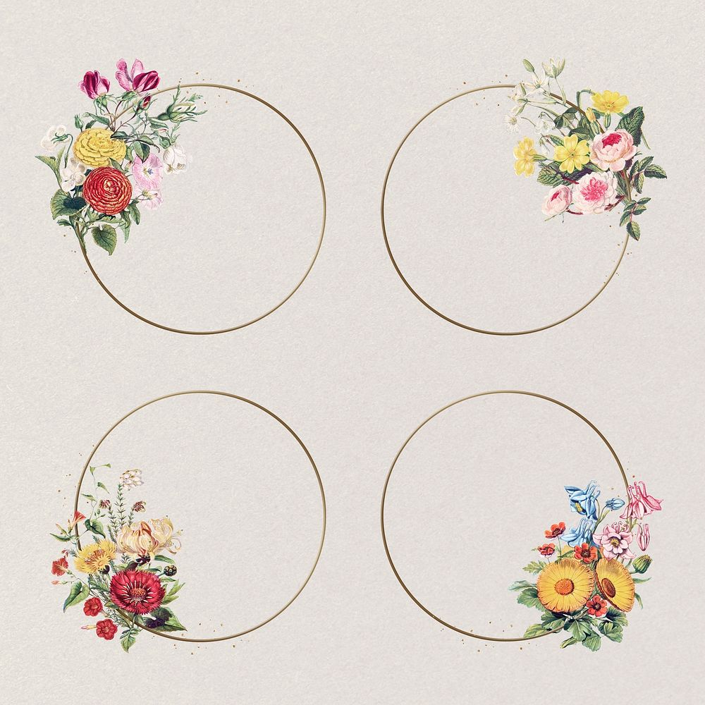 Colorful flowers golden frames psd classic botanical illustration set