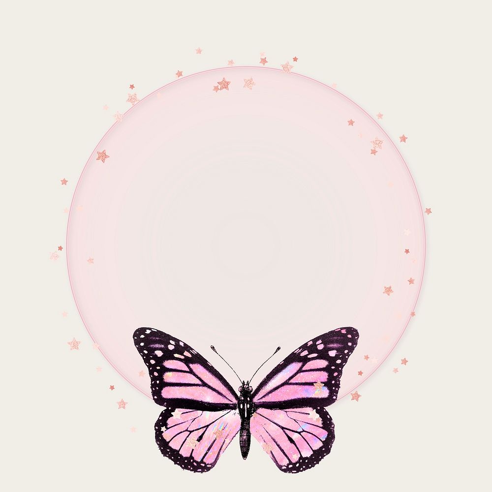 Aesthetic circle frame butterfly vector cute purple glittery illustration