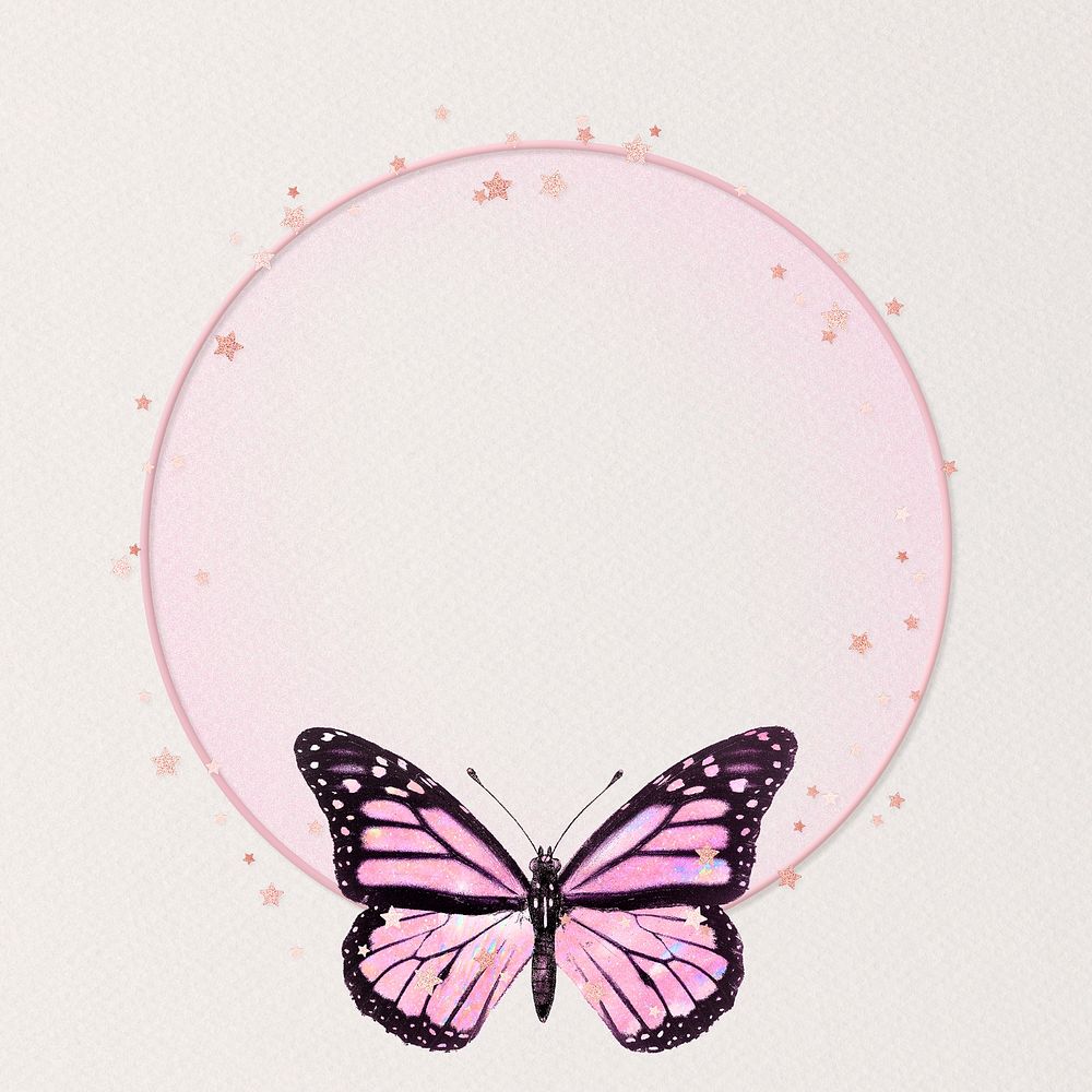 Pink aesthetic butterfly frame psd circle glowing holographic illustration