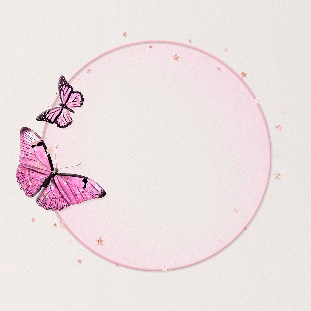 Butterfly monarch circle frame psd holographic pink aesthetic on beige background