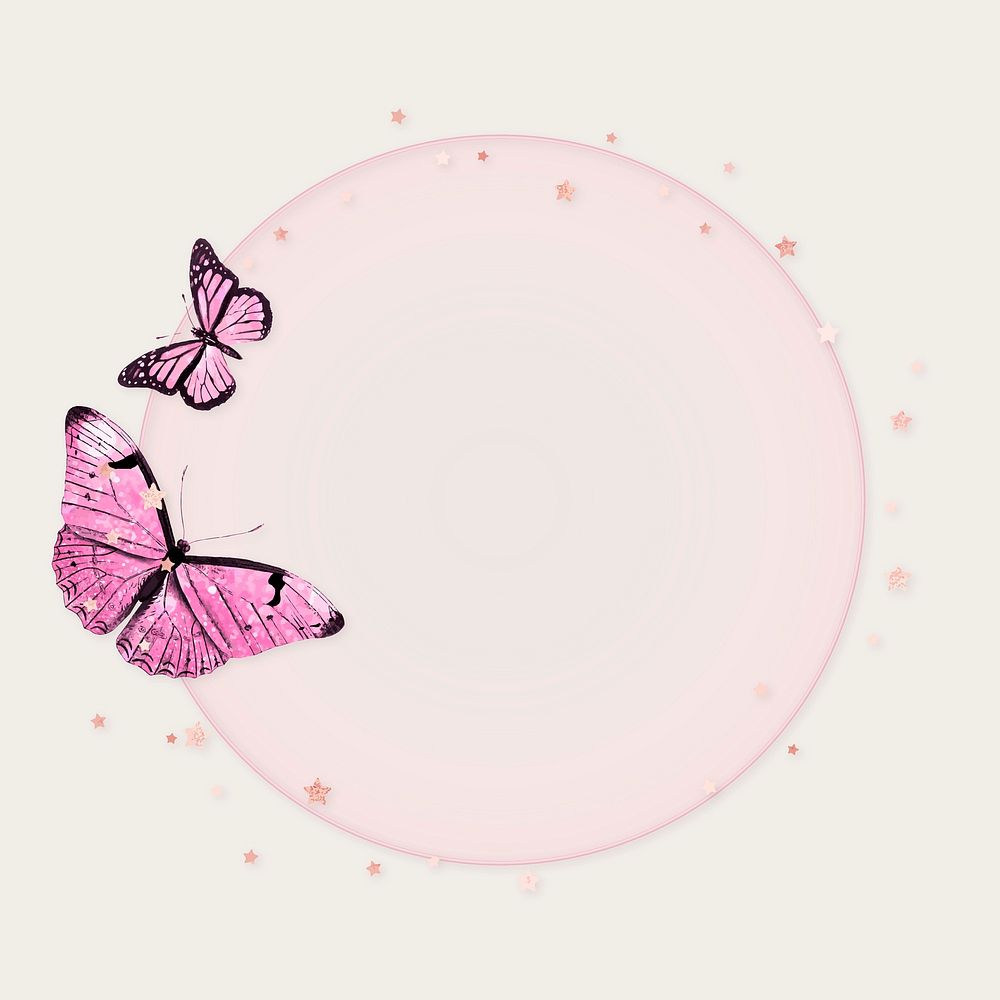 Glittery pink butterfly frame vector circle holographic illustration