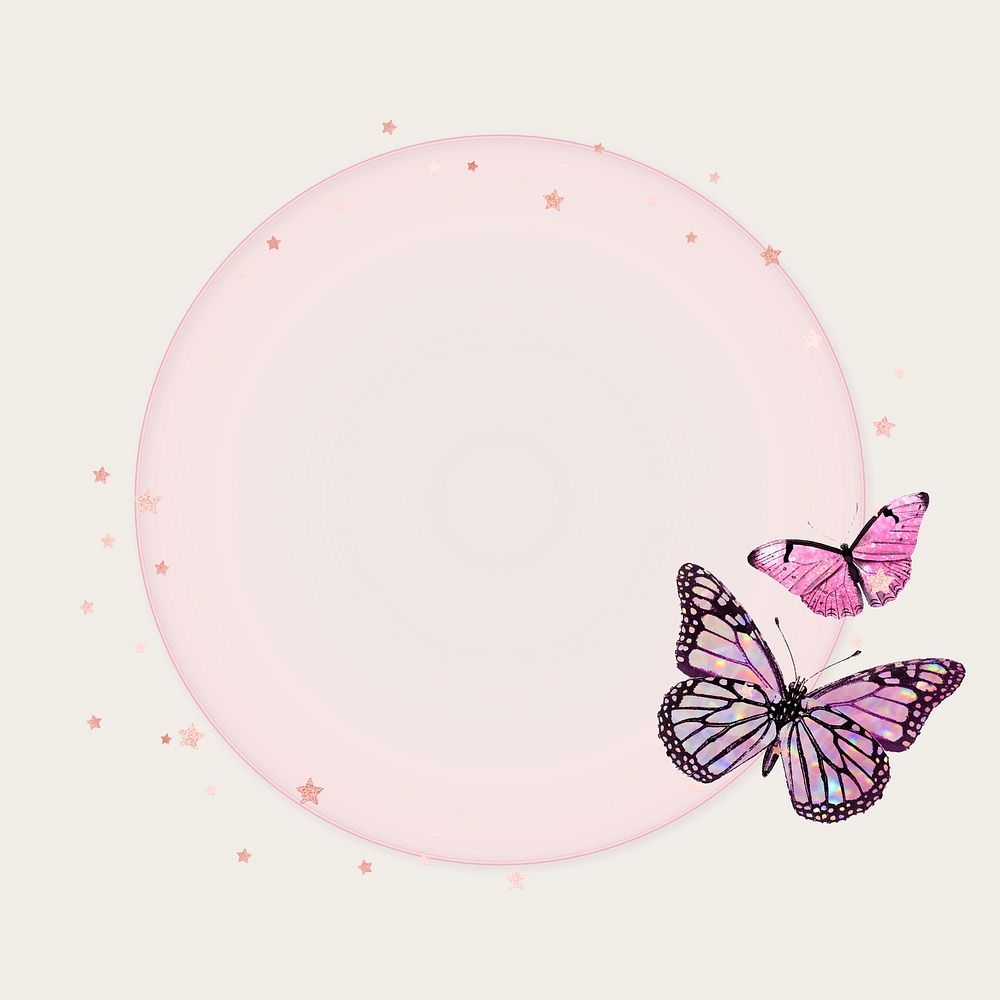 Glittery pink butterfly frame vector circle holographic illustration