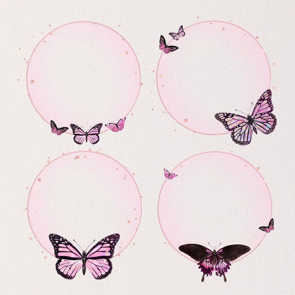Pink holographic butterfly frame psd circle glowing illustration for kids collection